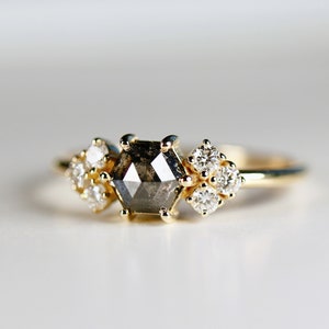 Hexagon Rose Cut Salt and Pepper Diamond Ring, 14k Yellow Gold Hexagon Diamond Ring, Conflict Free image 1