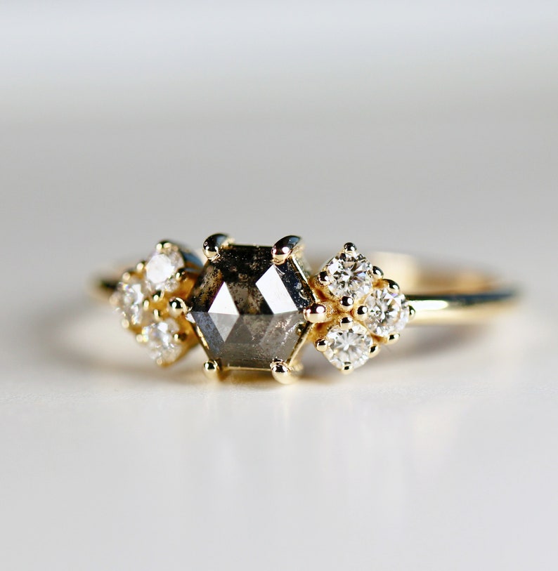 Hexagon Rose Cut Salt and Pepper Diamond Ring, 14k Yellow Gold Hexagon Diamond Ring, Conflict Free image 1