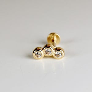 Three Bezel Stone Curve Bar Ear Piercing 14k Solid Gold, Flat Back Earrings Cz, Internally Threaded Earrings Studs, Tragus Earring