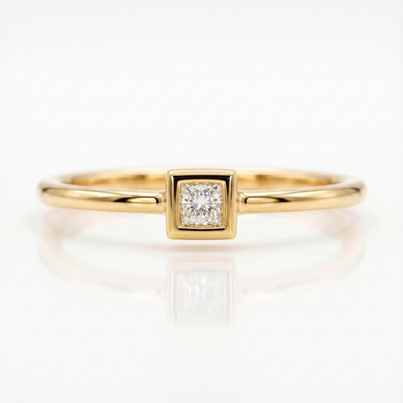 Dainty Diamond Ring, 14k Solid Yellow Gold, Princess Cut Tiny Diamond Stacking Ring, Minimalist Engagement or Promise Ring, Gift for Her