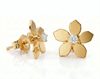 Sakura Cherry Blossom Earrings in 14k Gold, Unique Garnet Flower Stud Earrings, Birthstone Jewelry