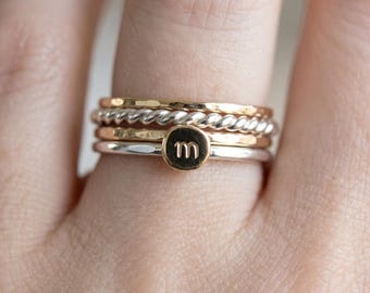 Stackable Rings, Solid 14k Gold Rustic Pebble Ring Silver Band Mixed Metal Initial Ring, Personalized Custom Ring