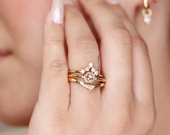 Diamantring im Rosenschliff aus massiv 14k Gold, handgefertigter runder Diamant Versprechensring, Lünette Diamant Vorschlagring, einzigartiger Verlobungsring