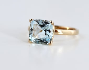 Cushion Cut Aquamarine Solitaire Ring, 2.3 Carat 8mm March Birthstone in 14K Gold, Four Prong Basket Setting