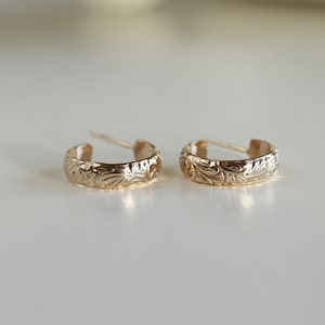 Small Gold Hoops, Gold Filled Hoop Earrings Floral, Chunky Gold Hoops, Open Hoop Earrings, Patterned Hoops, Gift for Her Minimalist Earrings image 3