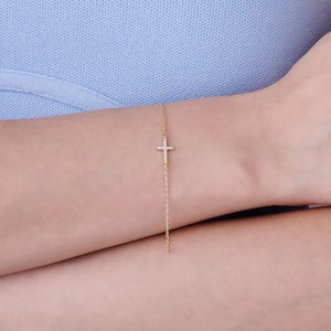Diamond Cross Bracelet 14k Gold, Sideways Cross Bracelet, Christian Minimalist Jewelry, Communion or Baptism Gift for Daughter
