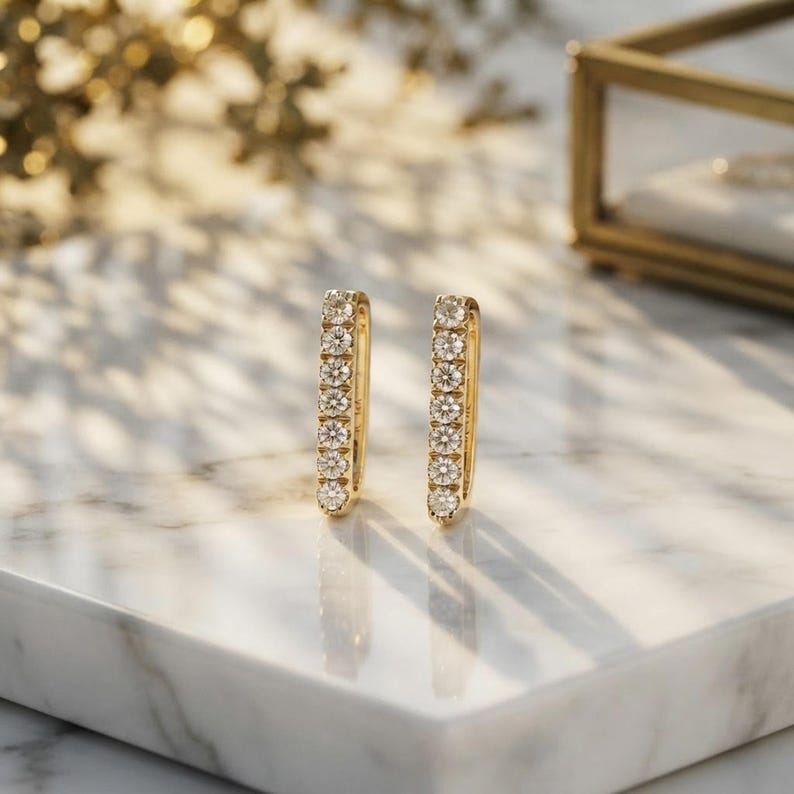 14k Solid Gold Diamond Bar Earrings: Modern Pave Studs, Fine Jewelry Gift for Her shown in an AI-generated listing photo