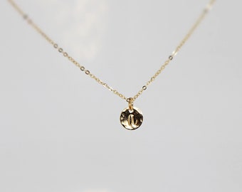 Tiny Initial Necklace 14k Solid Gold, Personalized Charm Gold Disc With Chain, Hand Stamped Letter Necklace,  Personalized Jewelry Gift Mom