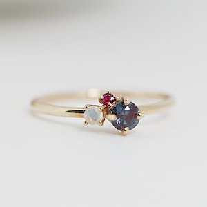 Dainty Cluster Ring, Gemstone Promise Ring, Multi Gemstone Ring, Alexandrite, Opal, Ruby Cluster Ring, Birthstone Ring, Gift for Her