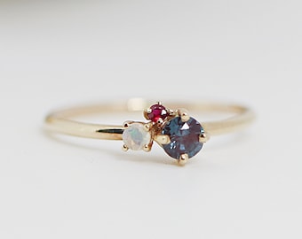 Dainty Cluster Ring, Gemstone Promise Ring, Multi Gemstone Ring, Alexandrite, Opal, Ruby Cluster Ring, Birthstone Ring, Gift for Her