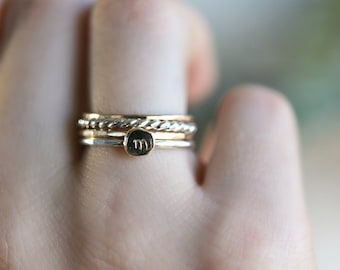 Stackable Rings, Solid 14k Gold Rustic Pebble Ring Silver Band Mixed Metal Initial Ring, Personalized Custom Ring