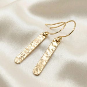 Bar Dangle Earrings, Gold Filled Hammered Bar Drop Earrings, Minimalist Gold Bar Earrings, Gift for Mom