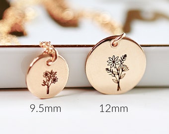 Birth Flower Necklace 14k Gold Filled Disc Birth Month Necklace, Mother Daughter Necklace, Personalized Birthday Jewelry Gift for Her