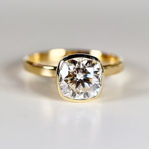 Juliet Cushion Cut Moissanite Ring 14k Gold, 7mm Bezel Set Solitaire Engagement Ring, Minimalist Gold Ring, Gift for Wife or Anniversary