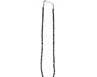 Black Spinel Bead Necklace, 2.5mm Faceted Round Gemstone Strand on Silk, Hand Knotted 17-19 Inch Necklace with Gold Filled Heart Extender