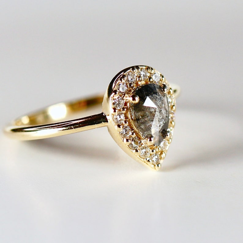 Rose Cut Pear Salt and Pepper Diamond Ring 14k Gold, Black Diamond Ring, Unique Engagement Ring, Gift for Wife image 6