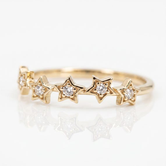 Diamond Star Ring 14k Gold, Five Star Celestial Wedding Band, Natural Diamond Stacking Ring, Dainty Gold Star Band Gift for Her