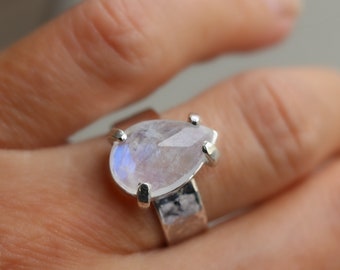 Large Moonstone Ring Sterling Silver, June Birthstone Ring, Gemstone Statement Ring, Wide Silver Band Rose Cut Pear Moonstone Boho Ring