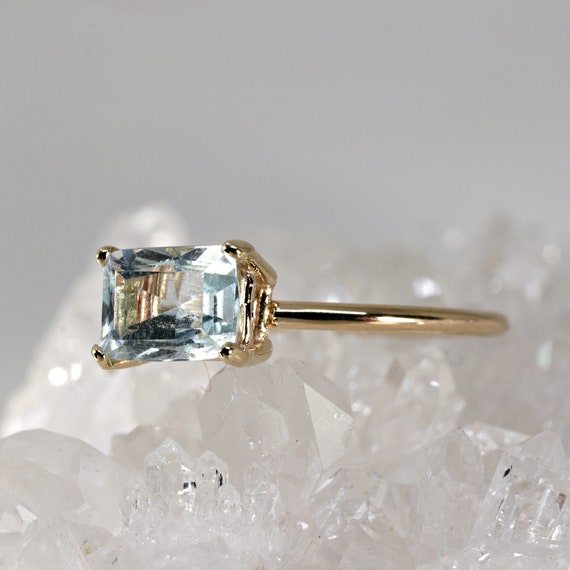 Aquamarine Engagement Ring 14k Gold Emerald Cut Aquamarine Ring