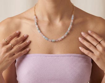 Natural Morganite Tube Necklace, Hand Knotted Silk, Gold Filled Paperclip Chain, Pastel Gemstone