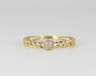 Diamond Cuban Link Ring 14k Solid Gold, Gold Chain Ring with 4 Pave Diamonds, Diamond Stacking Ring, Minimalist Jewelry, Chunky Gold Ring