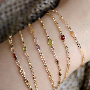 Dainty Birthstone Chain Bracelets Gold Filled, Peridot Bracelet, Garnet Bracelet, Gemstone Chain Bracelet, Dainty Bracelet Personalized Gift