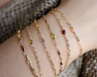 Dainty Birthstone Chain Bracelets Gold Filled, Peridot Bracelet, Garnet Bracelet, Gemstone Chain Bracelet, Dainty Bracelet Personalized Gift