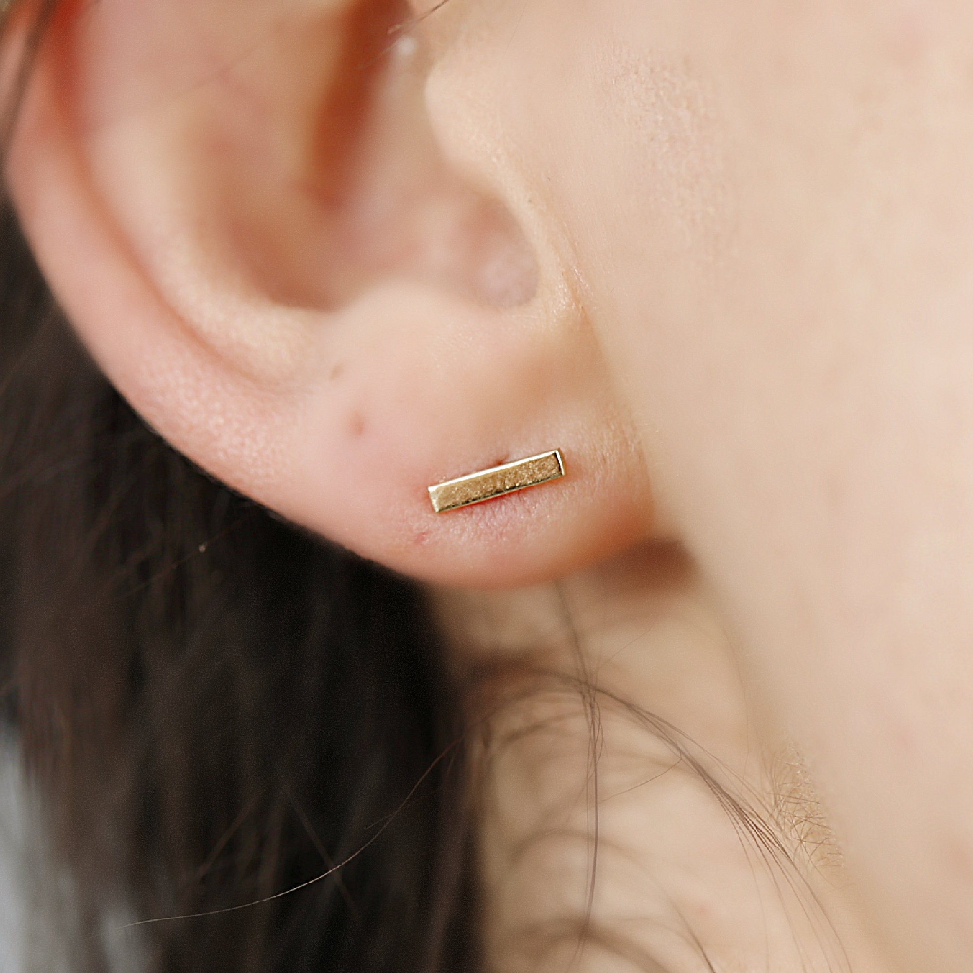 Hammered Gold Stud Earrings 14k Gold Bar Earrings Tiny Gold