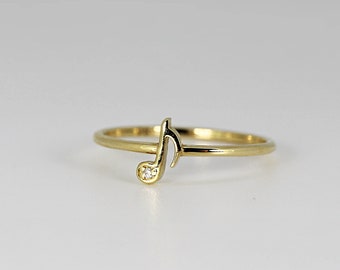 Genuine Diamond Music Note Ring, 14k Solid Gold Minimalist Ring, Music Lover Gift, Natural Diamonds Stacking Ring, Unique Solid Gold Jewelry