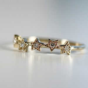 Diamond Star Ring 14k Gold, Five Star Celestial Wedding Band, Natural Diamond Stacking Ring, Dainty Gold Star Band Gift for Her