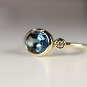 London Blue Topaz Ring 14k Gold, Diamond and Blue Topaz Engagement Ring, Oval Statement Ring, Handmade Gemstone Jewelry, Gift For Her