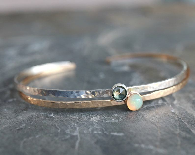 Turquoise Cuff Bracelet, December Birthstone Bracelet, Hammered Gold Filled Cuff Bracelet Gemstone Bangle, Handmade Gemstone Bracelet image 9