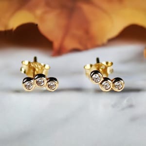 3 Stone Curved Earrings 14k Gold, Ear Climber Bezel CZ Stud Earrings, Trio Cluster Earrings, Tiny Three Stone Earrings, Single or Pair