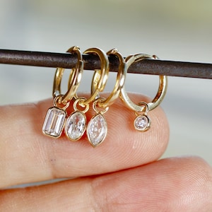 14k Solid Gold Earring Charm For Hoops, 14k Gold Cz Bezel Charm, 14k Mix Match Charm, Oval, Emerald, Marquise Dangling Charm