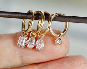 14k Solid Gold CZ Earring Charm: Bezel Dangle for Hoops