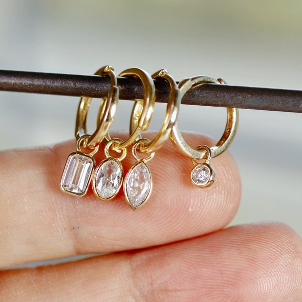 14k Solid Gold CZ Earring Charm: Bezel Dangle for Hoops