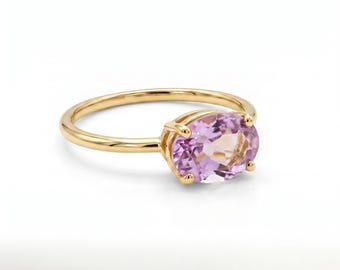 Ametrine Ring 14k Yellow Gold, East West Oval Cocktail Ring, Prong Set Statement Ring, Unique Gemstone Gift for Her
