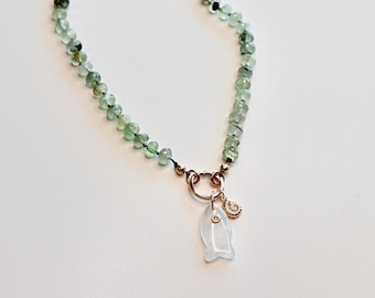 Green Prehnite Faceted Rondelle Necklace, 7mm Silk Hand Knotted 20" Strand with Gold Filled Figure Eight Charm Holder Clasp
