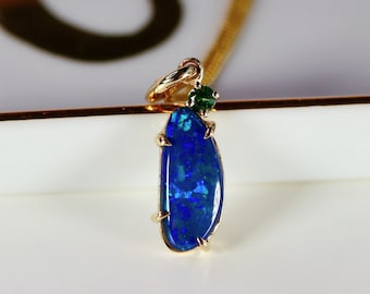 Boulder Opal Necklace 14k Solid Gold, October Birthstone, Sapphire & Blue Fire Opal Necklace, Australian Opal Pendant, Gift For Her