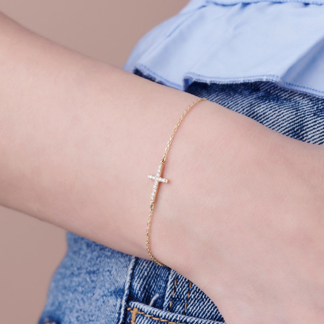 Diamond Cross Bracelet, 14k Gold Cross Bracelet, Sideway Cross