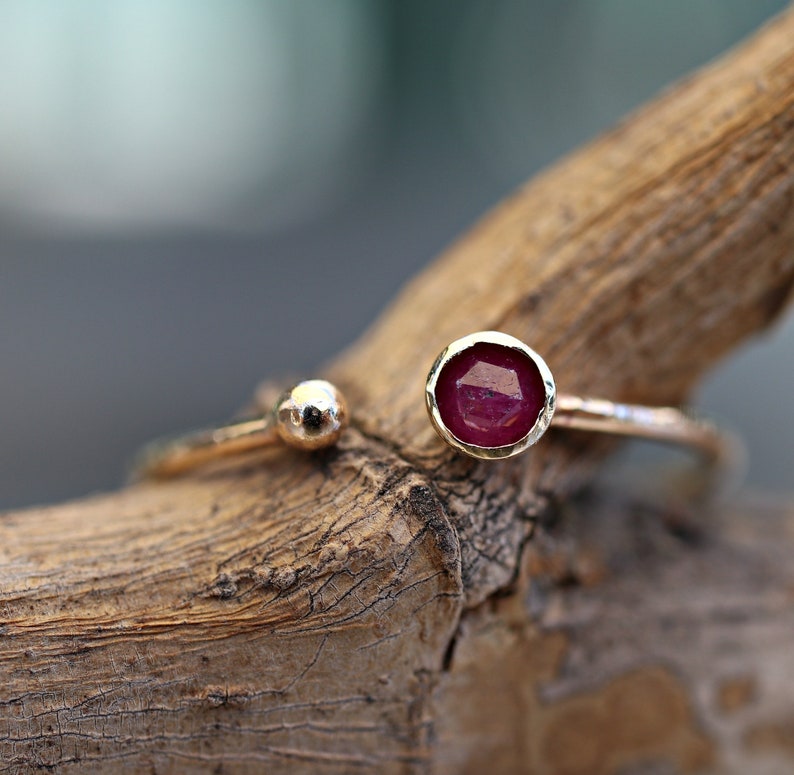 Ruby Ring 14k Gold, Ruby Open Ring, Adjustable Ring, Handmade July Birthstone Ring, Open Cuff Ring, Solid Gold Gemstone Ring Textured Band image 2