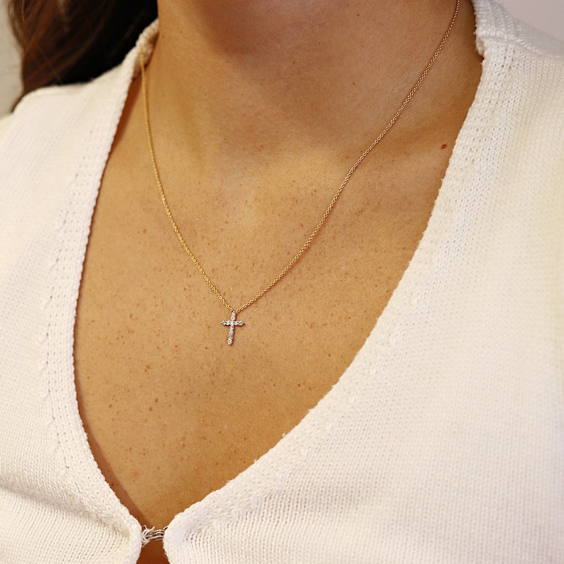 Diamond Cross Necklace 14k White Gold, Natural Diamonds Pave Necklace, Diamond Cross Pendant Necklace, Communion Gift, Jewelry Gift for Mom image 6