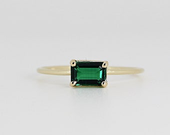 East West Emerald Ring, 14k Solid Gold Emerald Cut Emerald Ring, Minimalist Engagement Ring, 20th Anniversary Ring, May Birthstone Ring