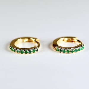 Mini Emerald Earrings 14k Gold, 10 mm Emerald Huggies Hoop Earrings, Second Hole Hoops Single (Half Pair) Gemstone Hoop Earring