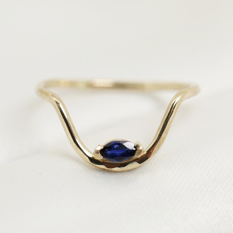 Marquise Sapphire Ring 14k Solid Gold, Curved Ring Gemstone, Sapphire Stacking Ring, September Birthstone, 45th anniversary Gift for Wife image 1