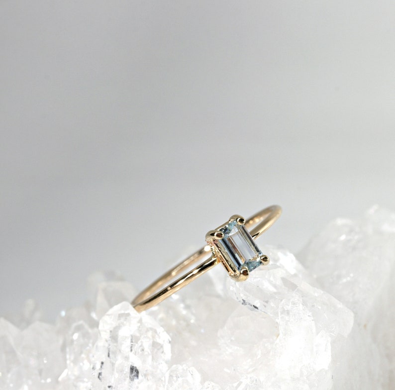 Aquamarine Engagement Ring 14k Solid Gold, Emerald Cut Aquamarine Ring, March Birthstone Jewelry Birthday Gift, Modern Unique Gemstone Ring image 4