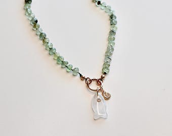 Green Prehnite Faceted Rondelle Necklace, 7mm Silk Hand Knotted 20" Strand with Gold Filled Figure Eight Charm Holder Clasp