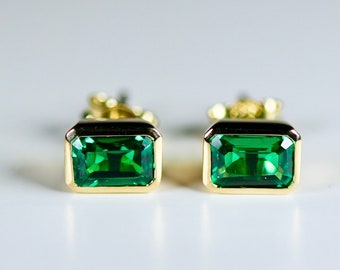 Genuine Emerald Stud Earrings 14k Gold, Bezel Set Emerald Cut Studs, May Birthstone Jewelry, 20th Anniversary Gift for Her