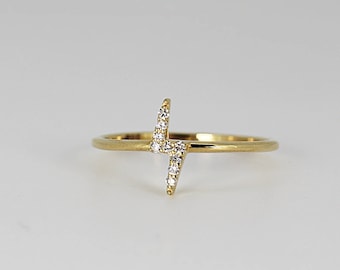 Genuine Diamond Lightning Ring Solid 14K Gold, Pave Diamond Ring, Modern Natural Diamonds Edgy Ring, Minimalist Ring, Modern Gemoetric