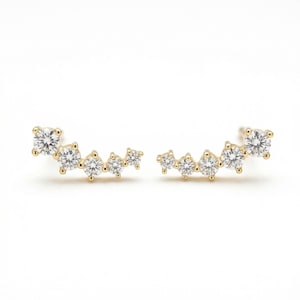 Cluster Ear Crawler Earrings 14k Solid Gold, CZ Five Stone Ear Climber, Diamond Look Ear Crawler, Dainty Cluster Earrings, Single or Pair